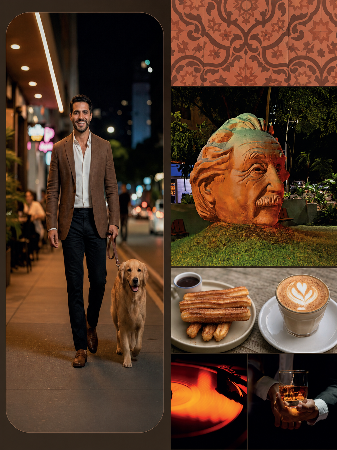 Hombre caminando con su golden retriever por la noche en El Cangrejo
